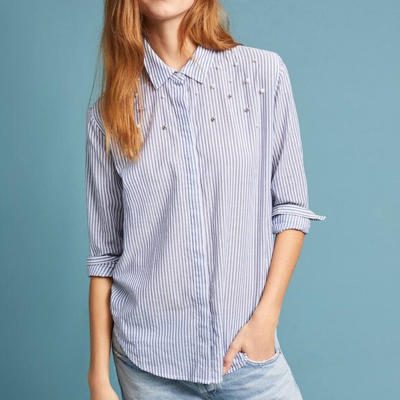 Anthropologie RAILS Pearl Button-down Blue & White Banker Stripe L Coastal Cool